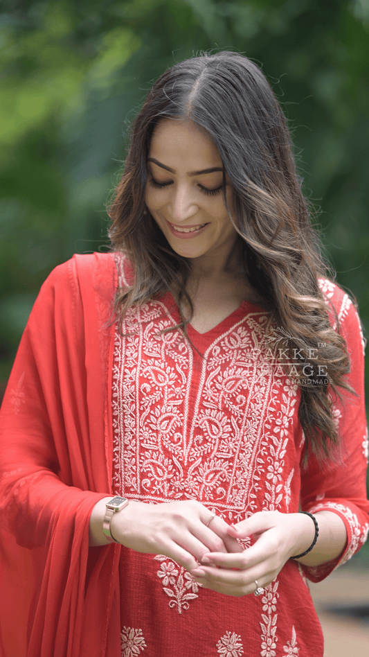 Aleena Pure Kota Doria Chikankari Kurta and Kurta Sets - Crimson Red
