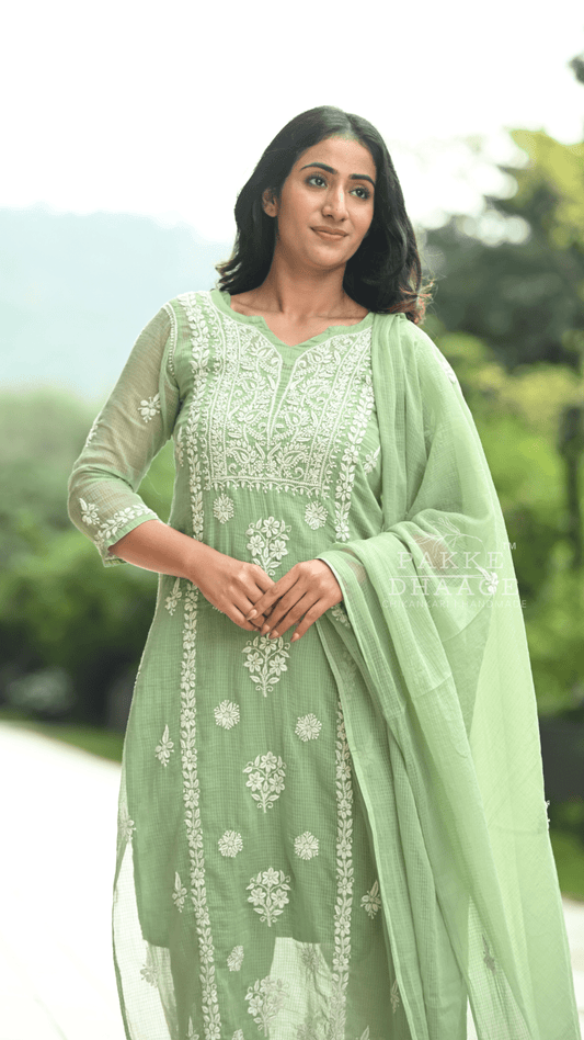 Aleena Pure Kota Doria Chikankari Kurta and Kurta Sets - Pista Green