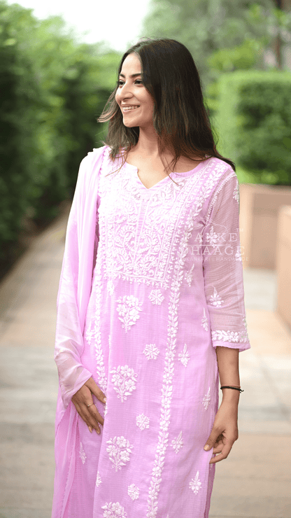 Aleena Pure Kota Doria Chikankari Kurta and Kurta Sets - Soft Cotton Candy