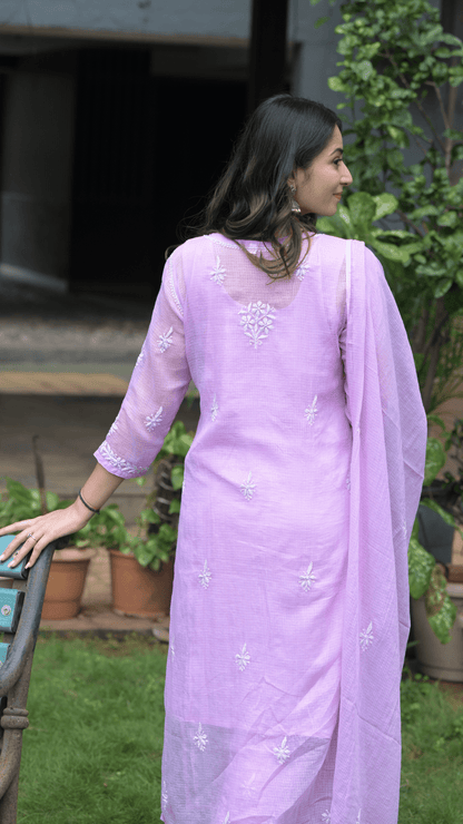 Aleena Pure Kota Doria Chikankari Kurta and Kurta Sets - Soft Lilac
