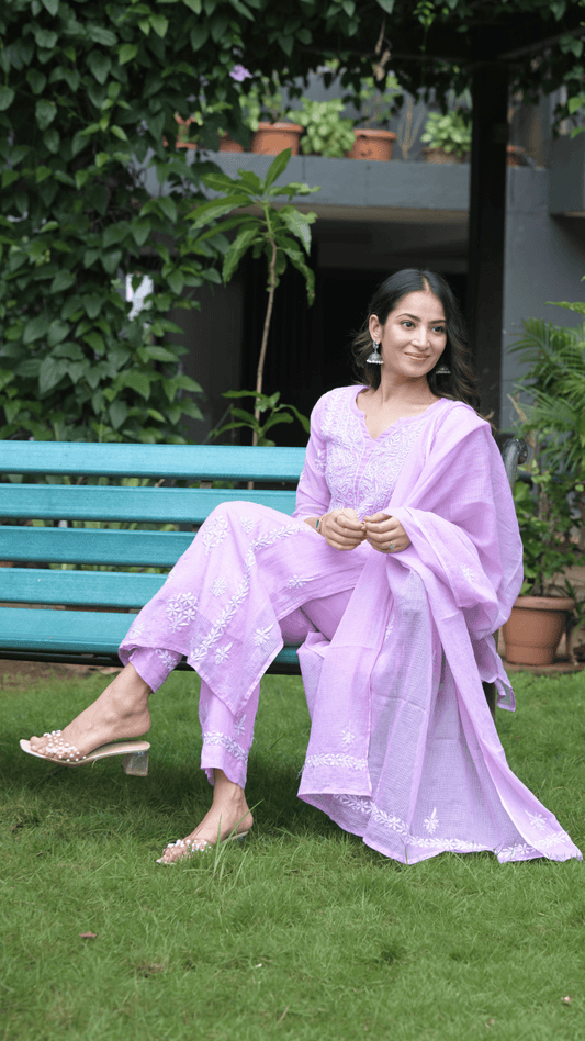 Aleena Pure Kota Doria Chikankari Kurta and Kurta Sets - Soft Lilac
