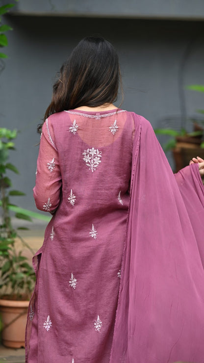 Aleena Pure Kota Doria Chikankari Kurta and Kurta Sets - Windsor Wine