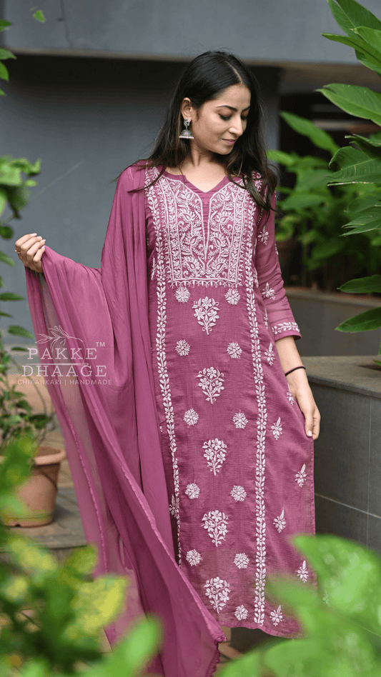 Aleena Pure Kota Doria Chikankari Kurta and Kurta Sets - Windsor Wine