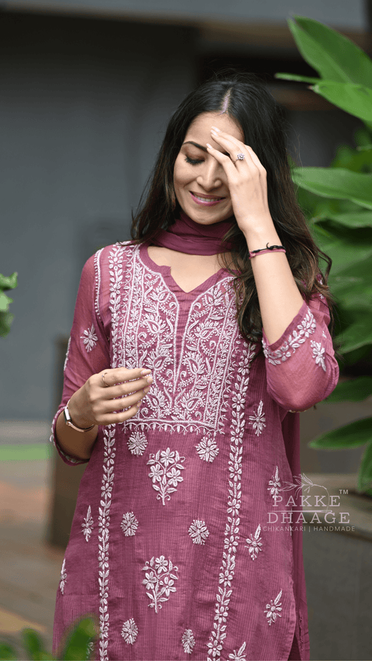 Aleena Pure Kota Doria Chikankari Kurta and Kurta Sets - Windsor Wine