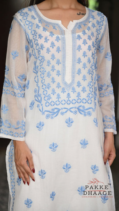 Alia Handcrafted Kota Doria Chikankari Kurta - Blue on White