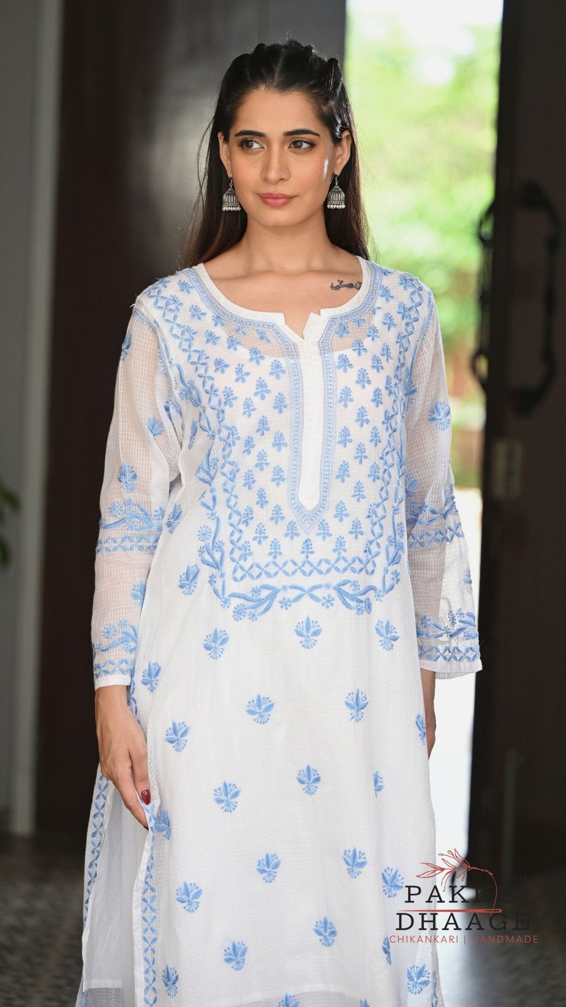 Alia Handcrafted Kota Doria Chikankari Kurta - Blue on White