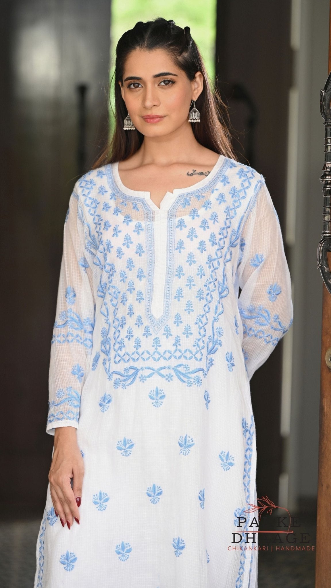 Alia Handcrafted Kota Doria Chikankari Kurta - Blue on White