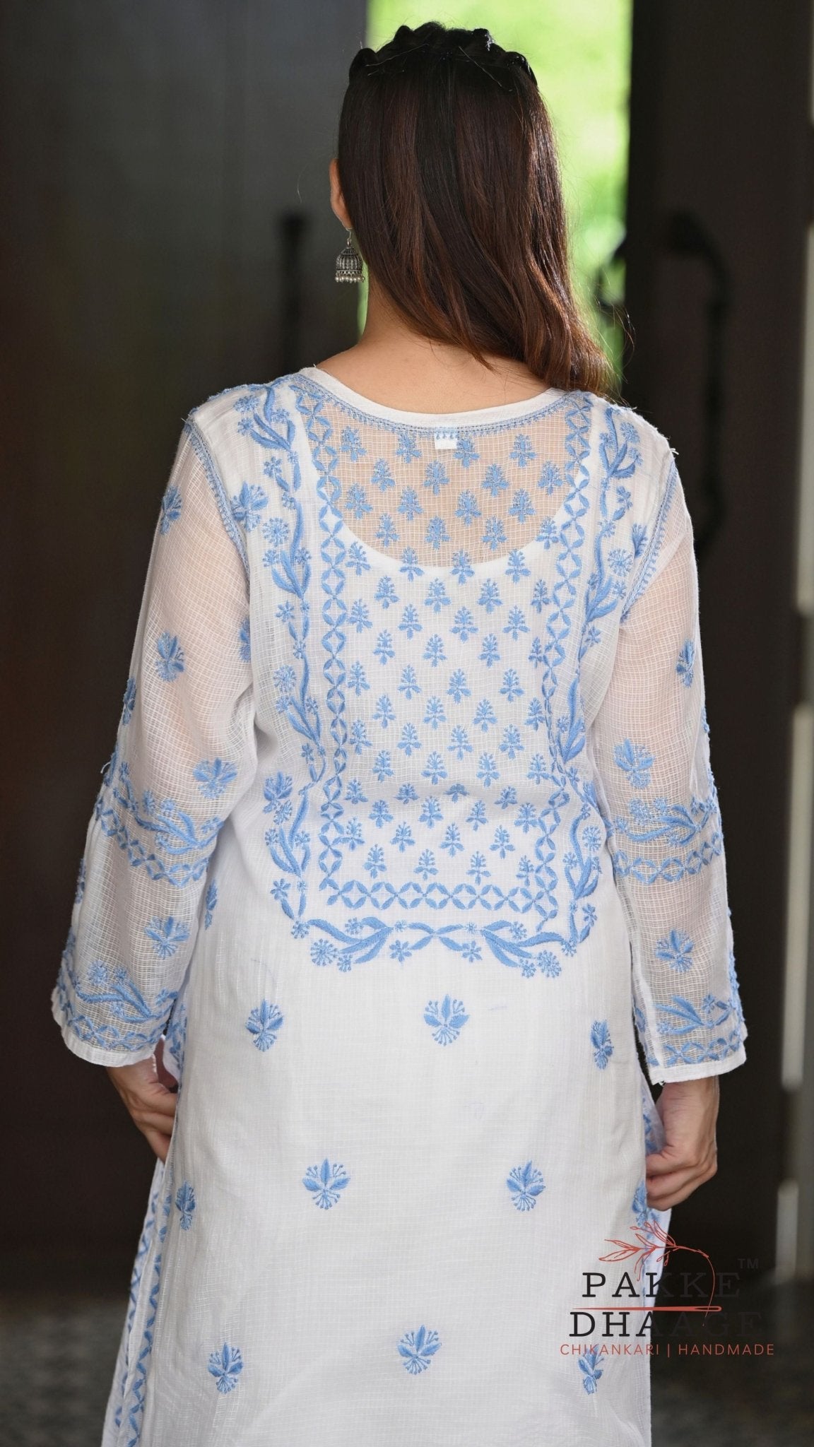 Alia Handcrafted Kota Doria Chikankari Kurta - Blue on White