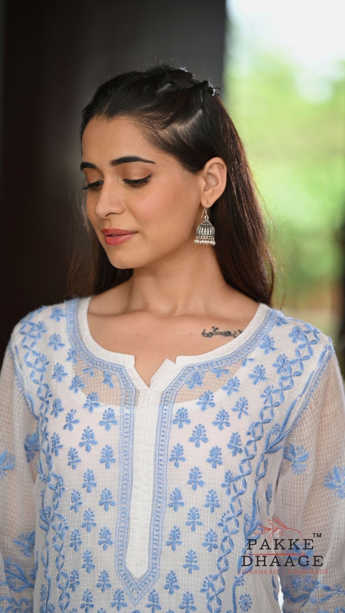 Alia Handcrafted Kota Doria Chikankari Kurta - Blue on White