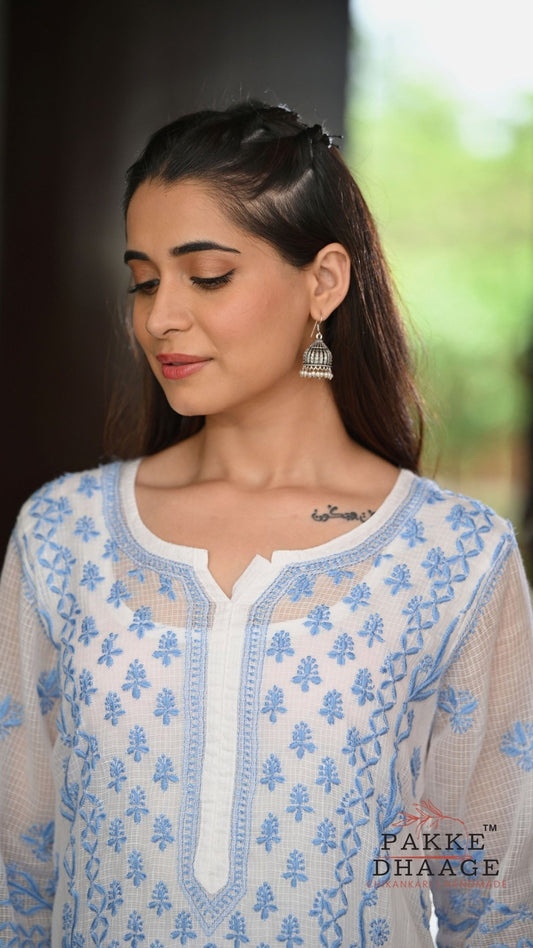 Alia Handcrafted Kota Doria Chikankari Kurta - Blue on White