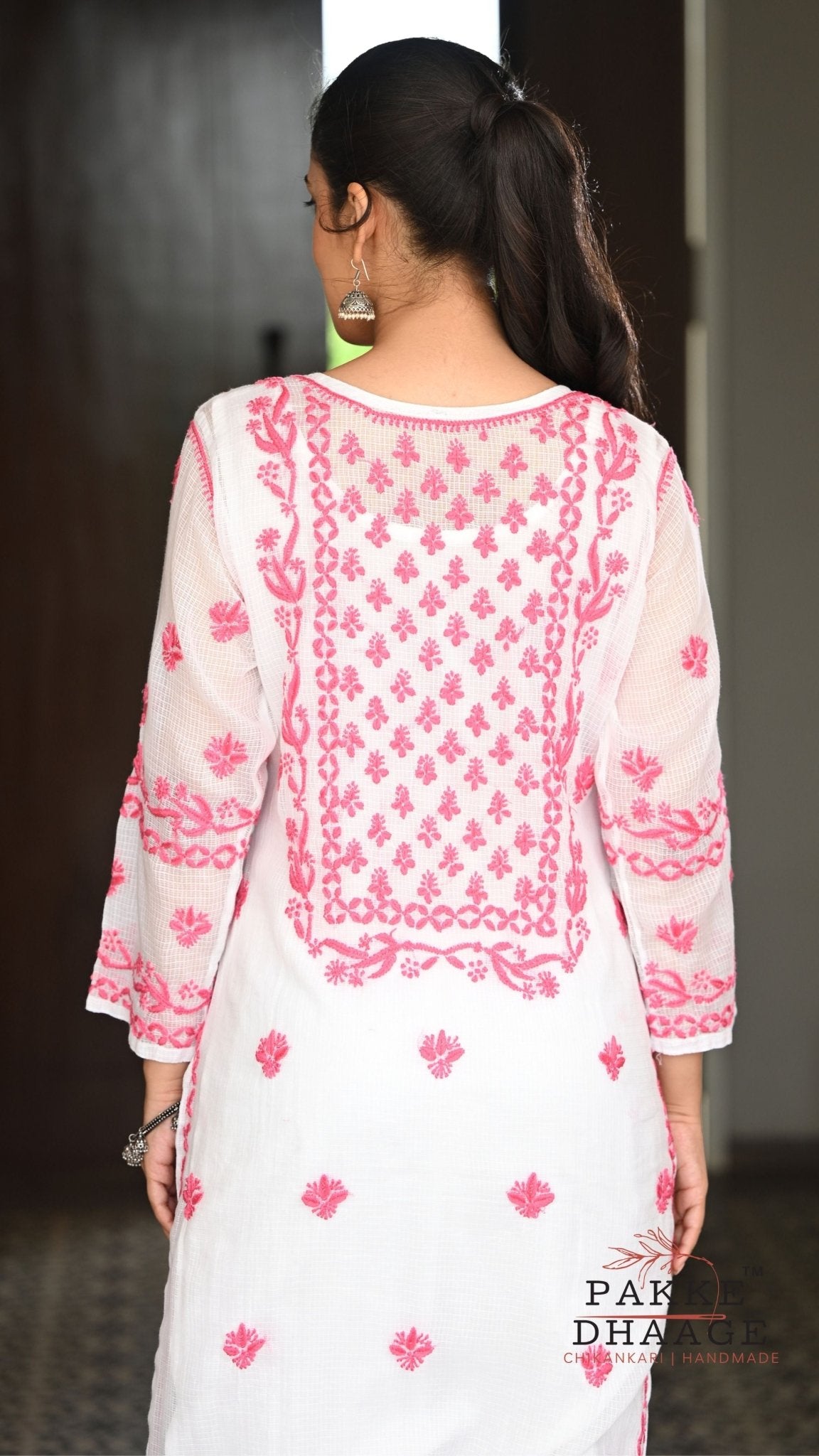 Alia Handcrafted Kota Doria Chikankari Kurta - Pink on White