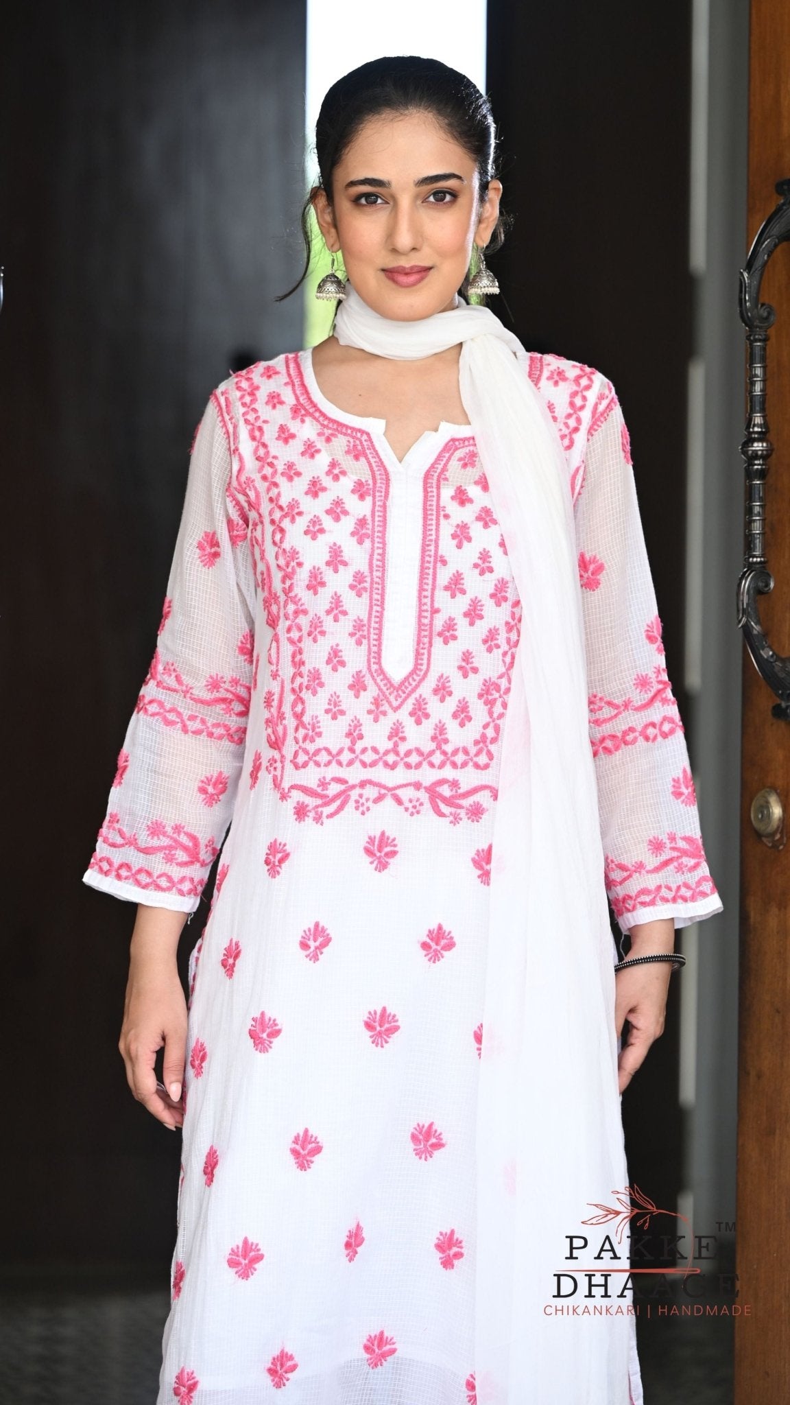 Alia Handcrafted Kota Doria Chikankari Kurta - Pink on White