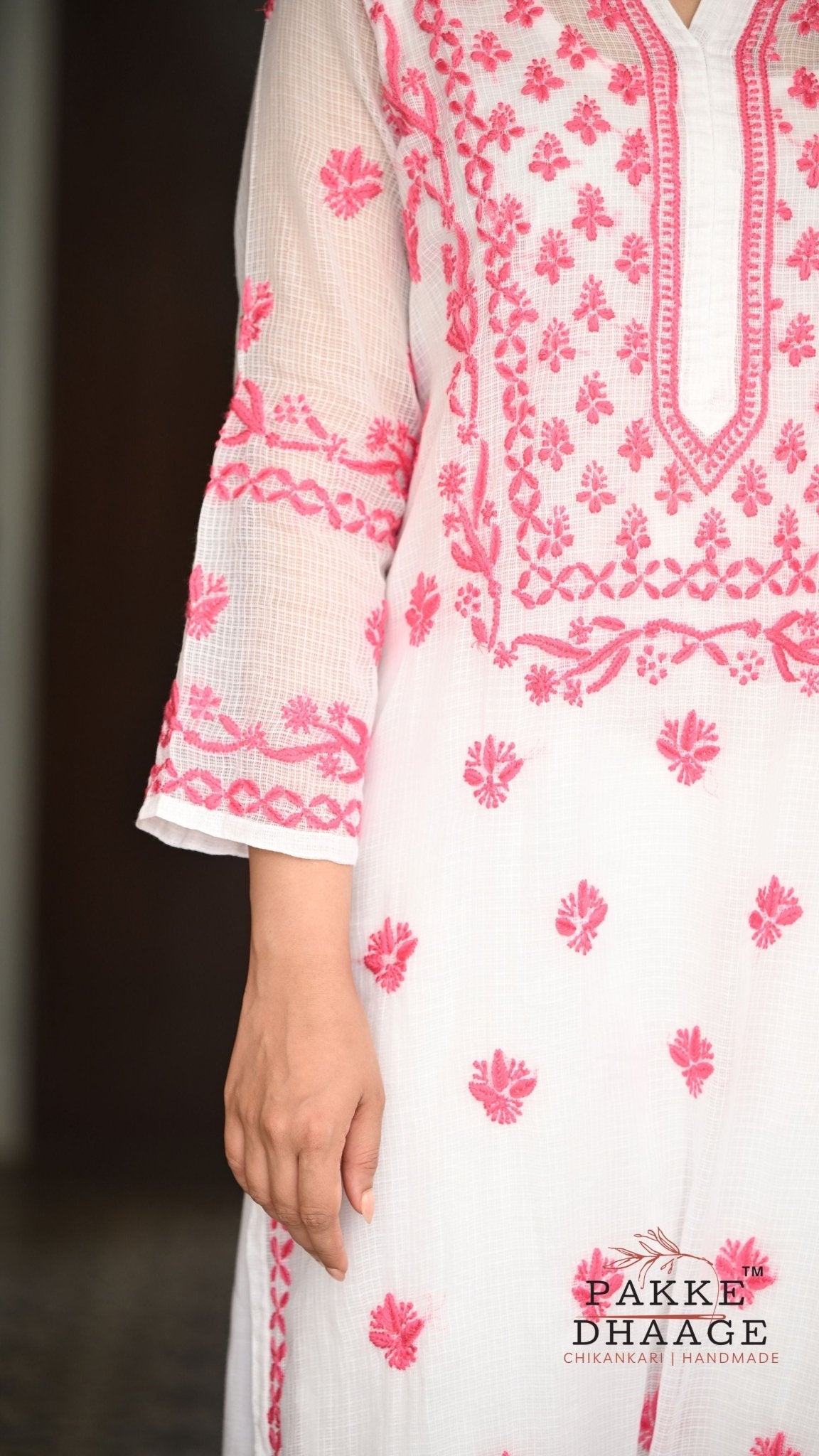 Alia Handcrafted Kota Doria Chikankari Kurta - Pink on White