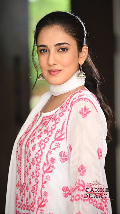 Alia Handcrafted Kota Doria Chikankari Kurta - Pink on White