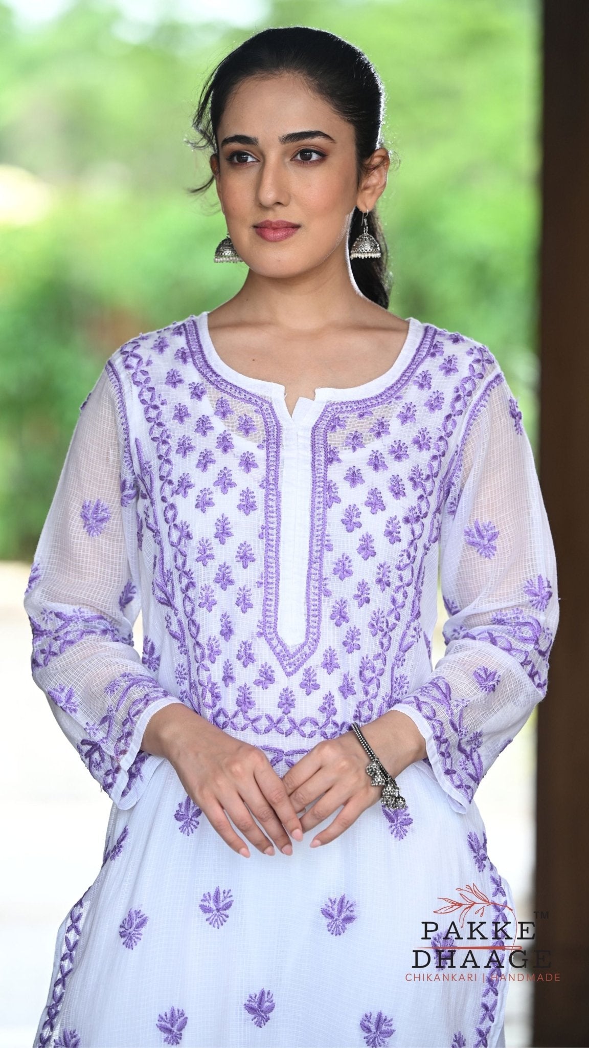 Alia Handcrafted Kota Doria Chikankari Kurta - Purple on White