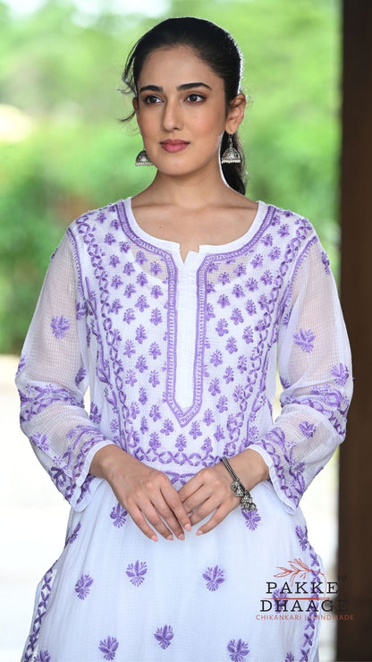 Alia Handcrafted Kota Doria Chikankari Kurta - Purple on White