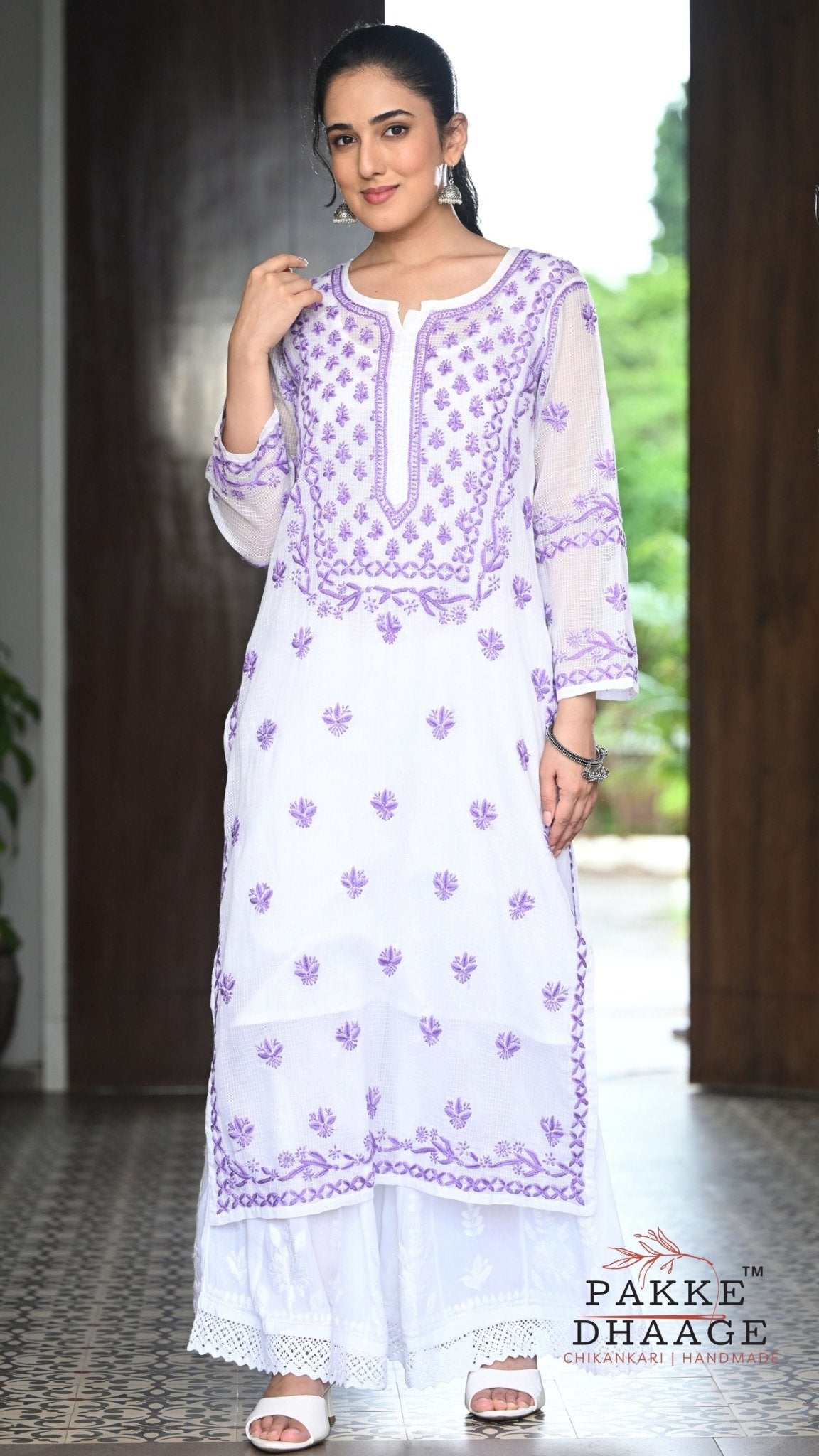 Alia Handcrafted Kota Doria Chikankari Kurta - Purple on White