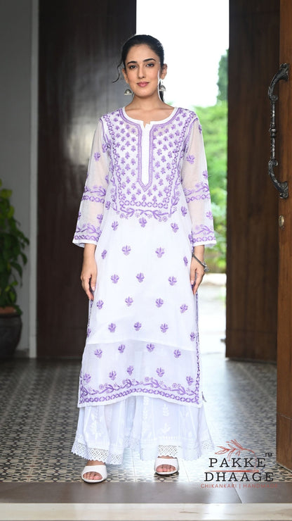 Alia Handcrafted Kota Doria Chikankari Kurta - Purple on White