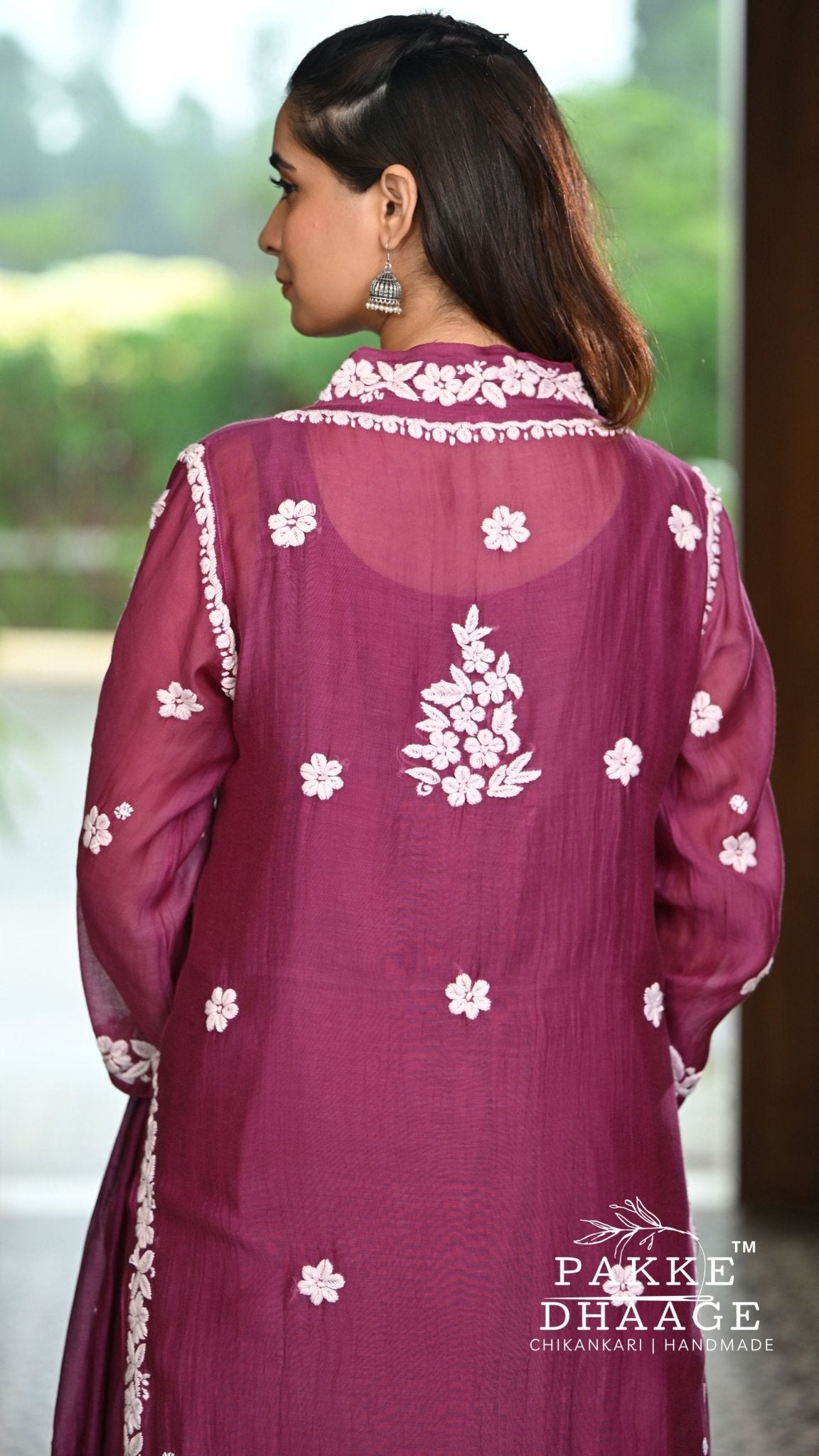 Alizeh Pure Chanderi 4-pc Chikankari Sets - Berry Wine