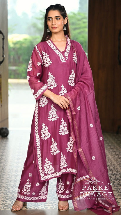 Alizeh Pure Chanderi 4-pc Chikankari Sets - Berry Wine