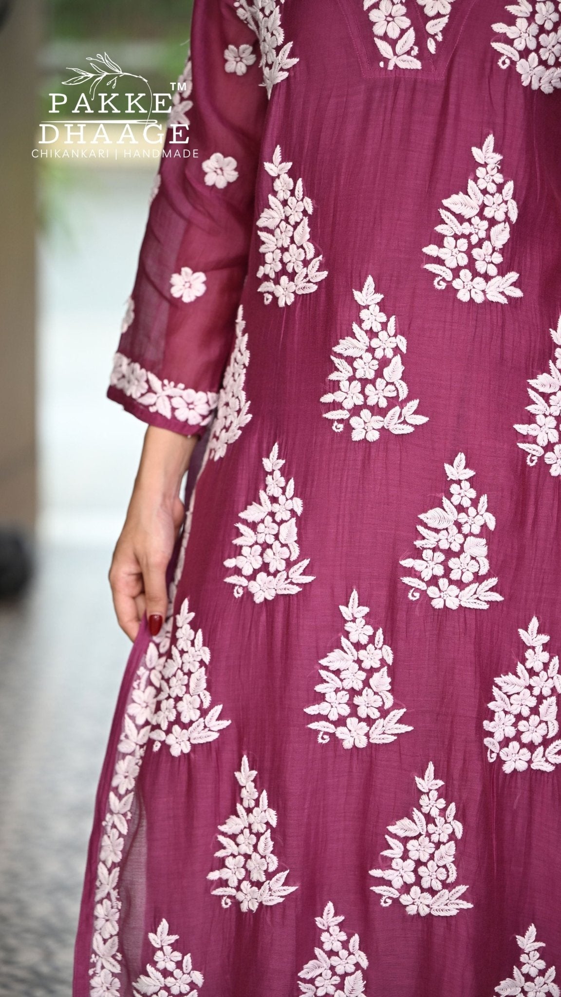Alizeh Pure Chanderi 4-pc Chikankari Sets - Berry Wine
