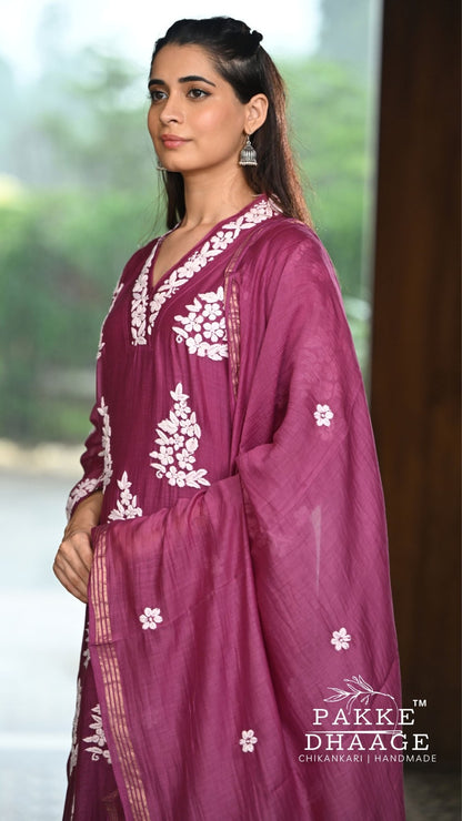 Alizeh Pure Chanderi 4-pc Chikankari Sets - Berry Wine