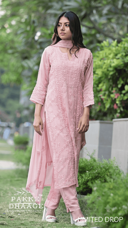 Amara Pure Kota Doria Chikankari Kurta & Kurta Sets - Dusty Rose Petal