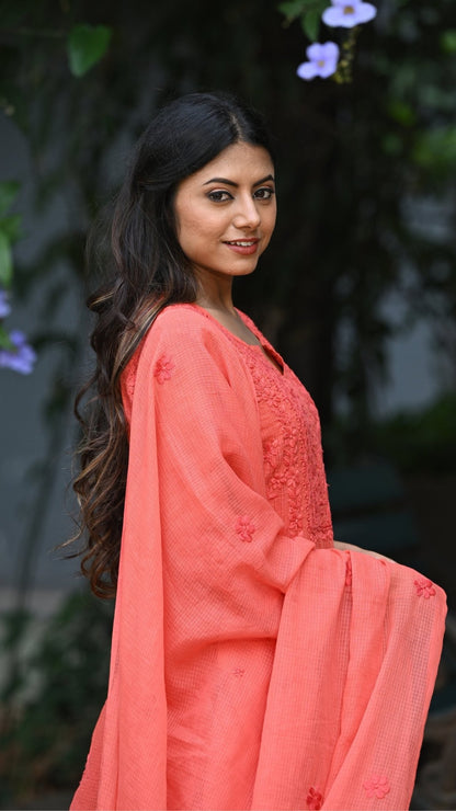 Amara Pure Kota Doria Chikankari Kurta Sets - Sunset Orange