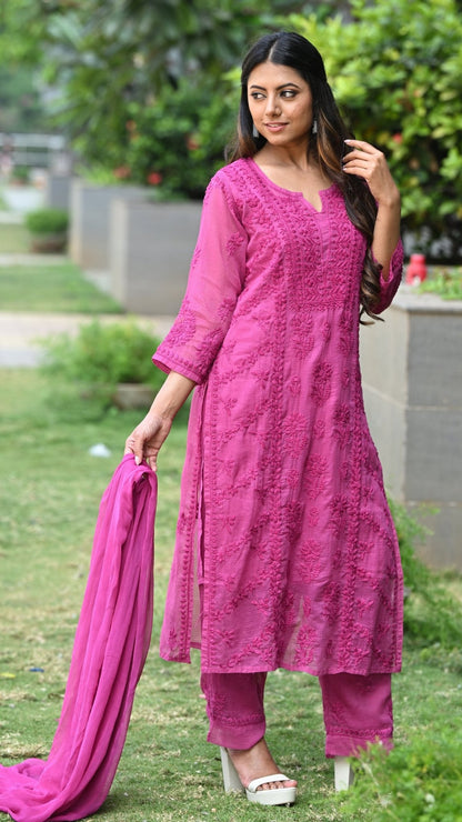 Amara Pure Kota Doria Chikankari Kurta Sets - Dragonfruit Pink