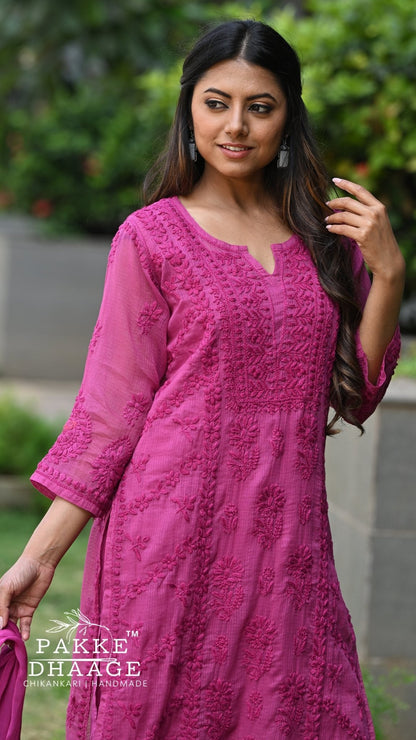 Amara Pure Kota Doria Chikankari Kurta Sets - Dragonfruit Pink