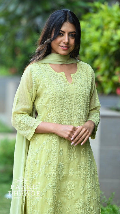 Amara Pure Kota Doria Chikankari Kurta Sets - Pistachio Green
