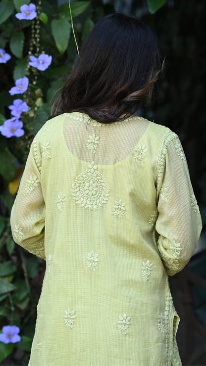 Amara Pure Kota Doria Chikankari Kurta Sets - Pistachio Green