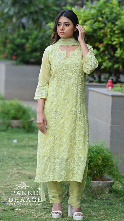 Amara Pure Kota Doria Chikankari Kurta Sets - Pistachio Green