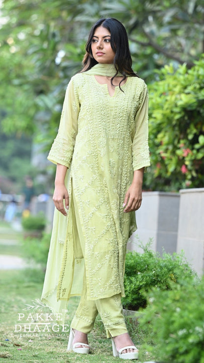 Amara Pure Kota Doria Chikankari Kurta Sets - Pistachio Green