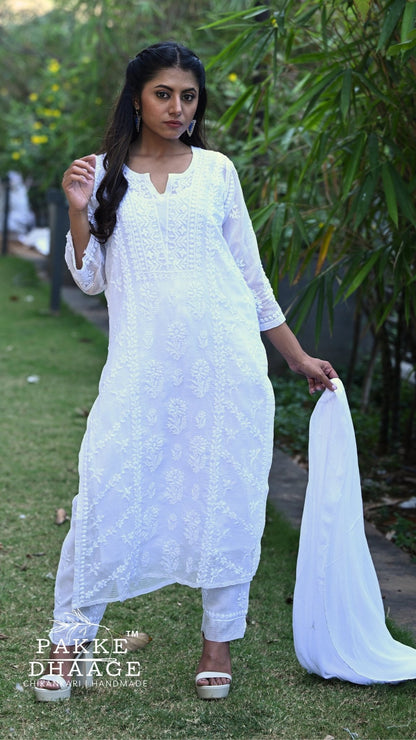 Amara Pure Kota Doria Chikankari Kurta Sets - Pristine White