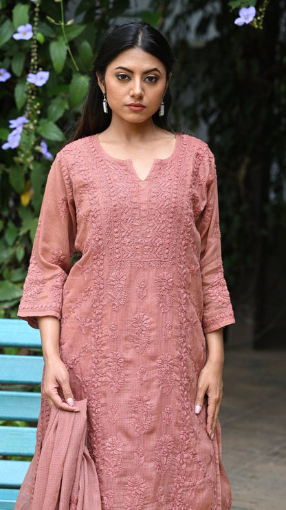 Amara Pure Kota Doria Chikankari Kurta Sets - Rosewood Brown