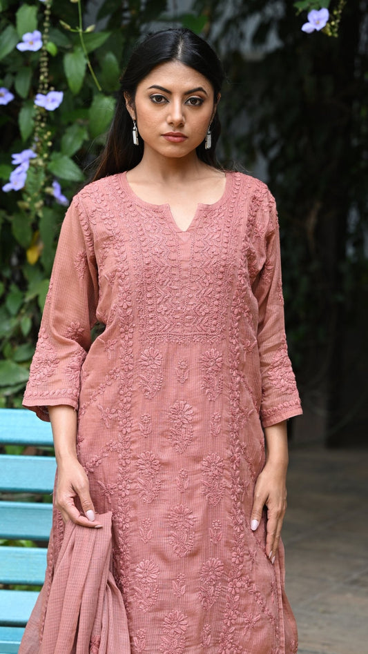 Amara Pure Kota Doria Chikankari Kurta Sets - Rosewood Brown
