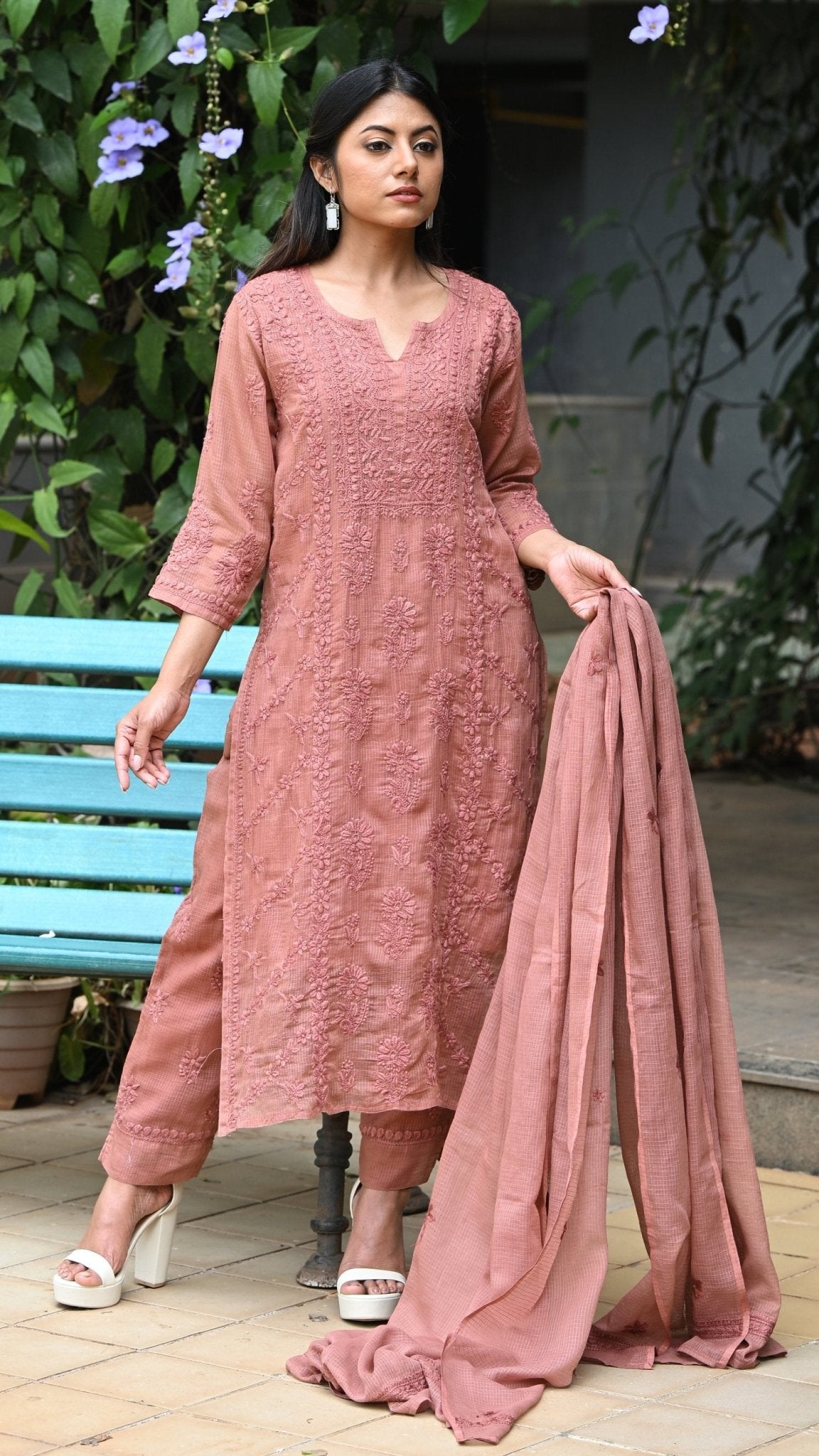 Amara Pure Kota Doria Chikankari Kurta Sets - Rosewood Brown
