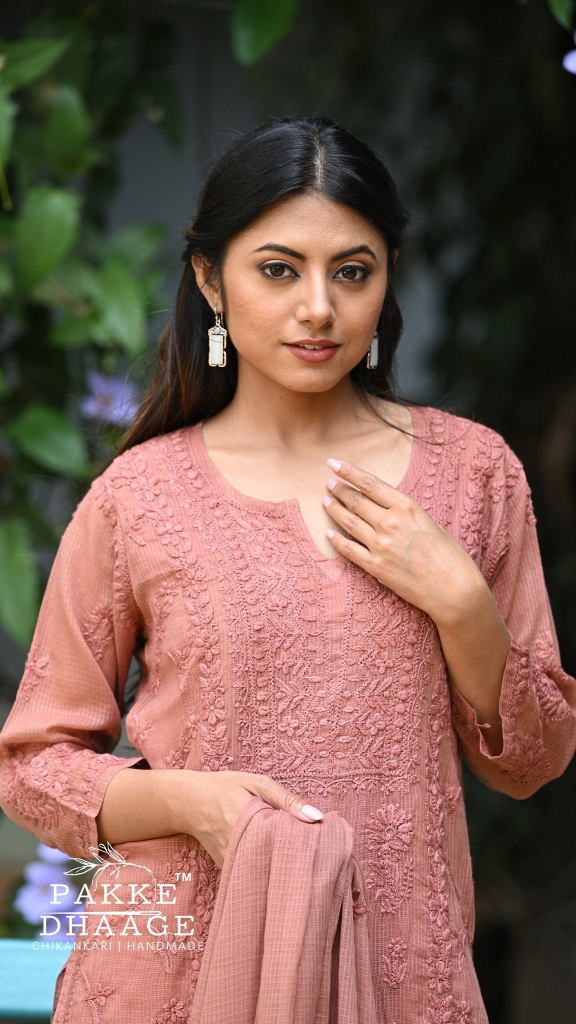 Amara Pure Kota Doria Chikankari Kurta Sets - Rosewood Brown