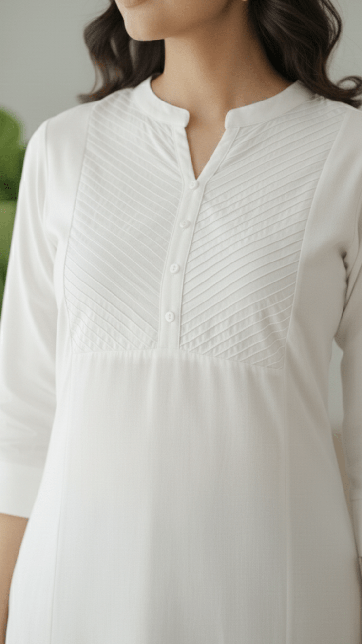 Close-up of a person wearing a white pintex kurta with a neutral background