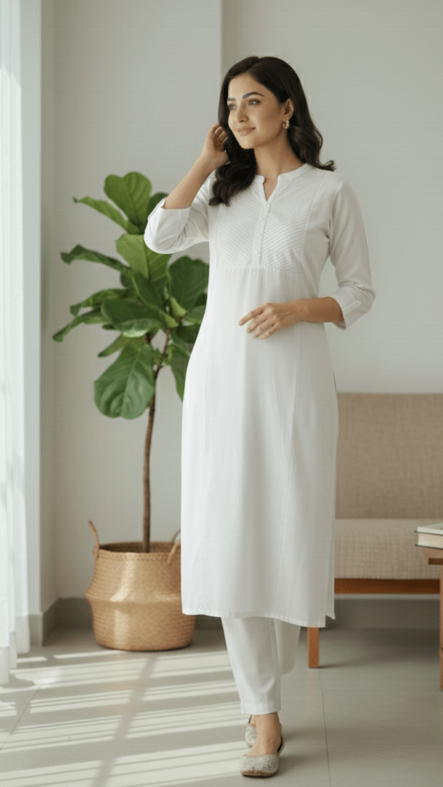 Woman in a white pintex kurti standing in a room with a plant and furniture.