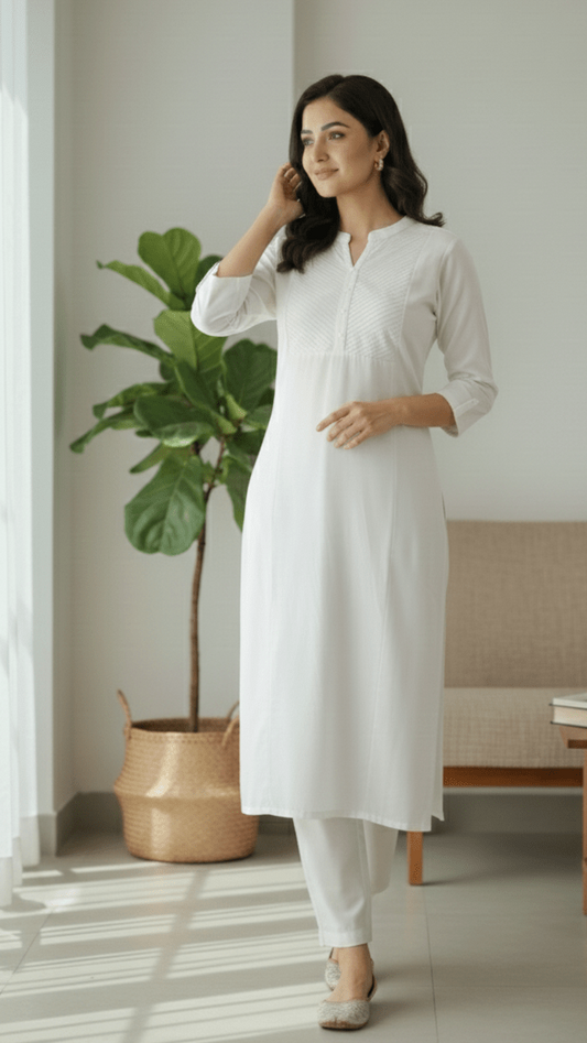 Woman in a white pintex kurti standing in a room with a plant and furniture.