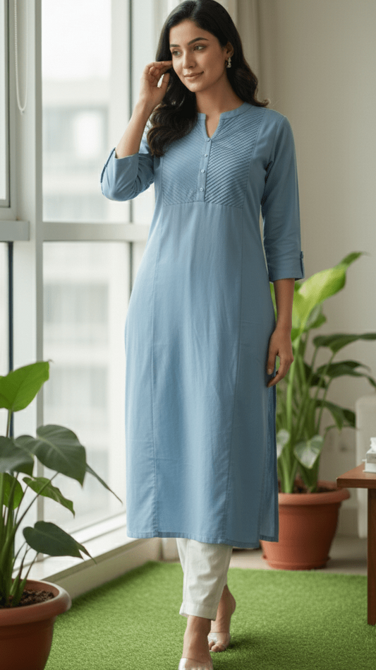 Woman wearing a blue kurta standing indoors with plants around