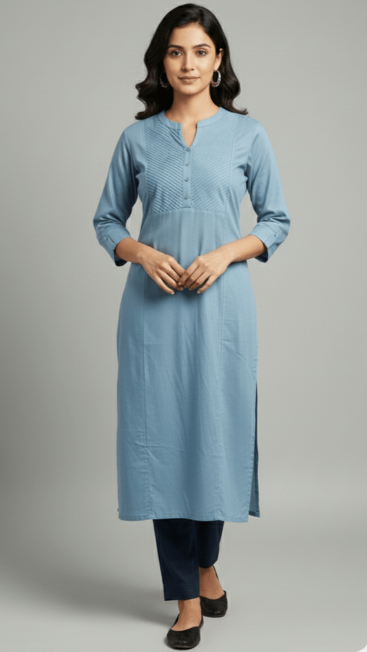 Woman wearing a light blue kurta with black pants on a gray background