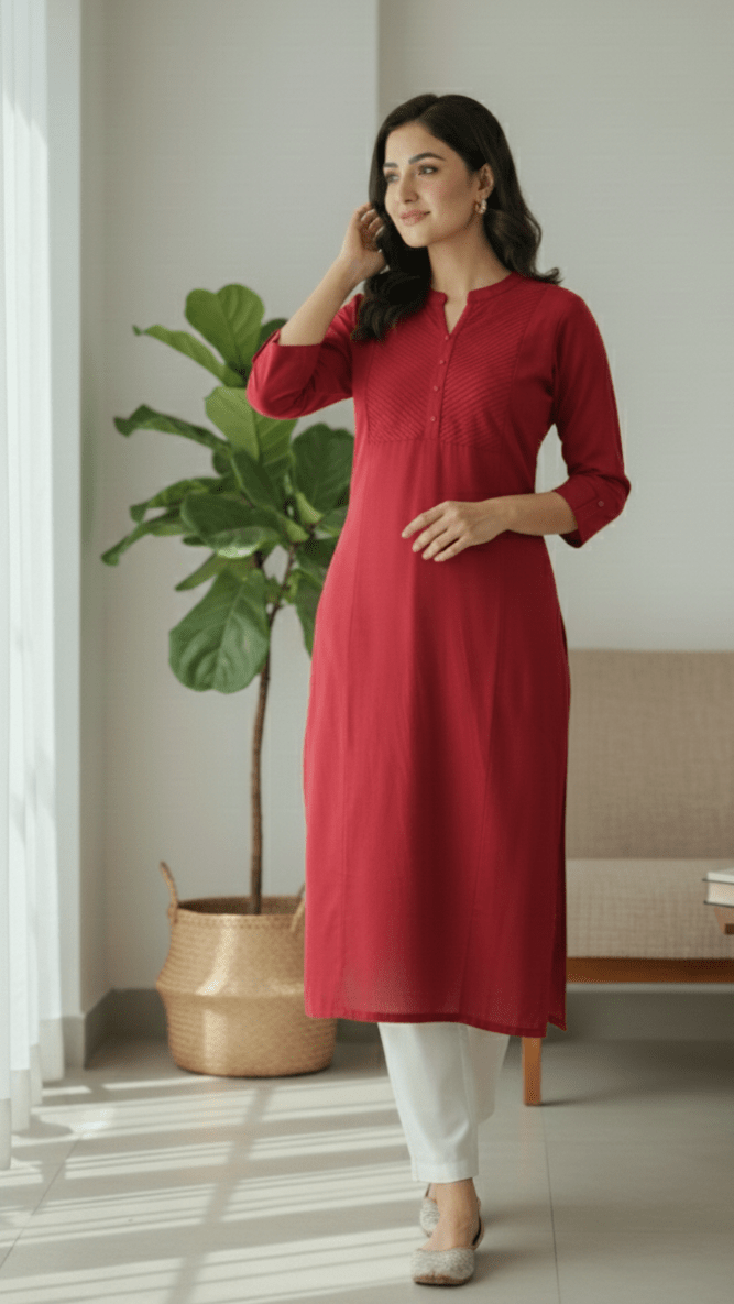Woman wearing a red kurta with white pants standing indoors next to a plant.