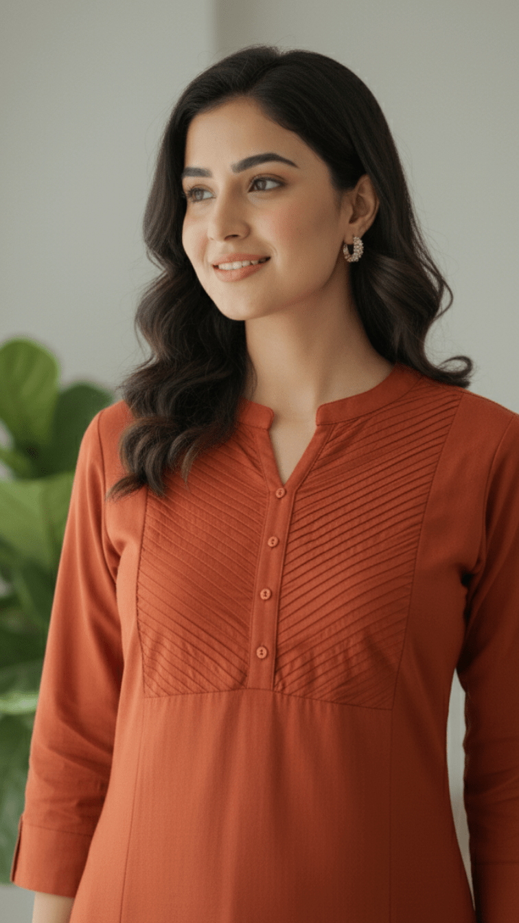 Woman wearing a rust-colored long-sleeve pintex kurta with a subtle pattern, standing against a neutral background.