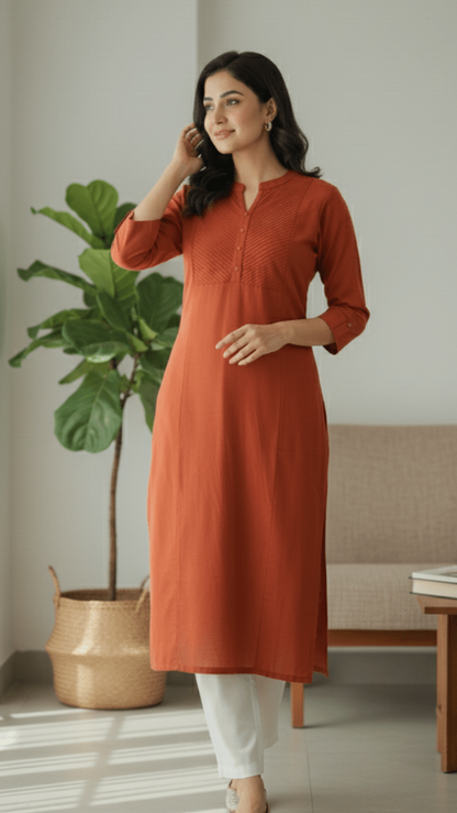 Woman wearing an orange kurta with white pants in a room with a plant and sofa.