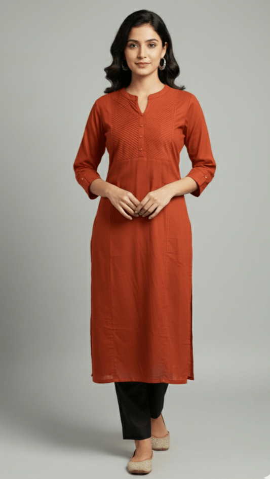 Woman wearing a rust-colored kurta with black pants on a gray background