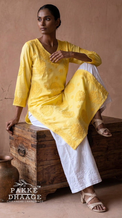 Anika Flex Cotton Chikankari Kurta - Sunshine Yellow