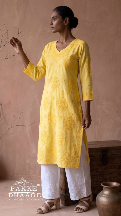 Anika Flex Cotton Chikankari Kurta - Sunshine Yellow